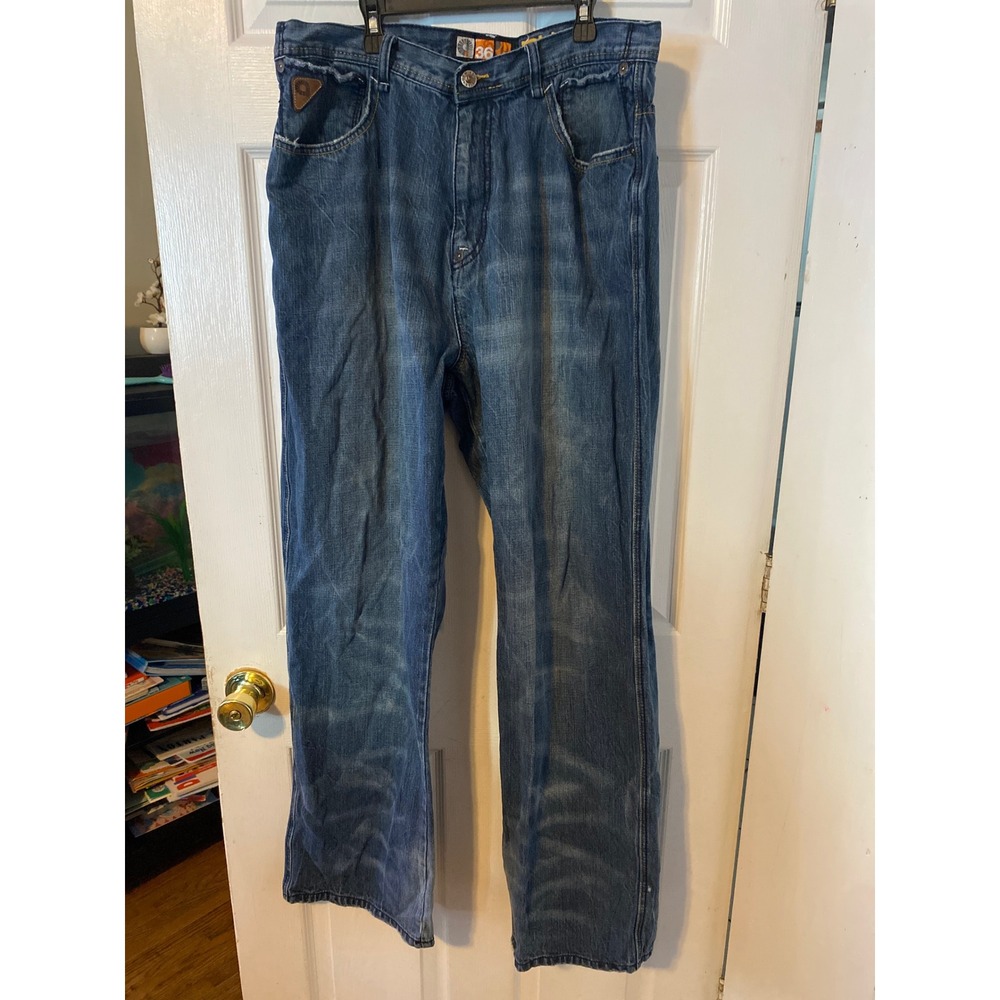 Akademiks Mens Size 36 Blue Denim Jeans Relaxed Straight Leg Embroidered